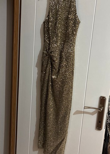 Parlak Yılan Desenli Altın Kadın Abiye Elbise - Görsel 3