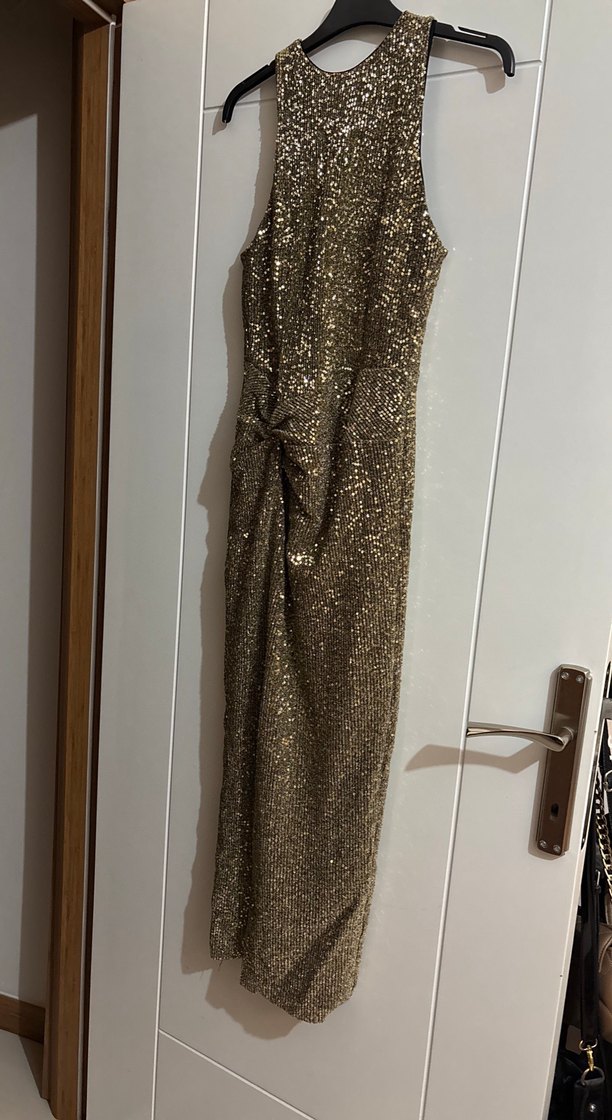 Parlak Yılan Desenli Altın Kadın Abiye Elbise - Görsel 3