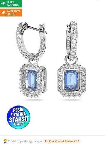 Mavi Taşlı Mini İşlemeli Kristal Küpe