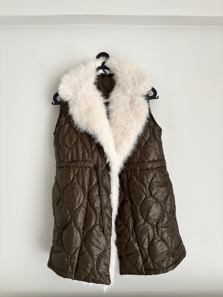 Kürklü Haki Kadın Yelek - Görsel 2