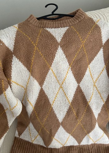 Bohem Stil Kahverengi Baklava Desenli Kazak - Görsel 4