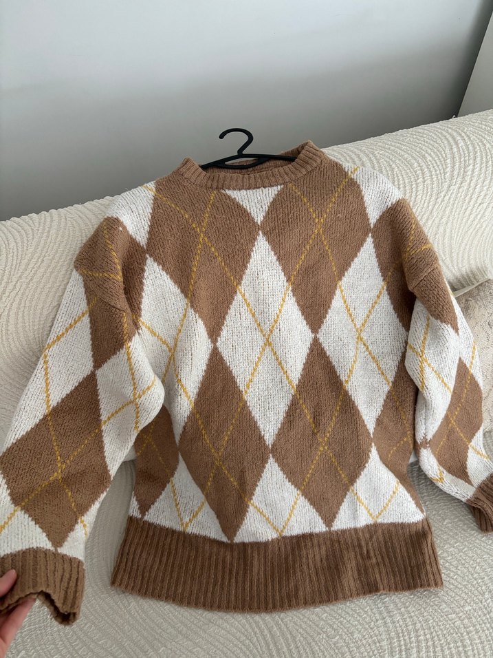 Bohem Stil Kahverengi Baklava Desenli Kazak - Görsel 3