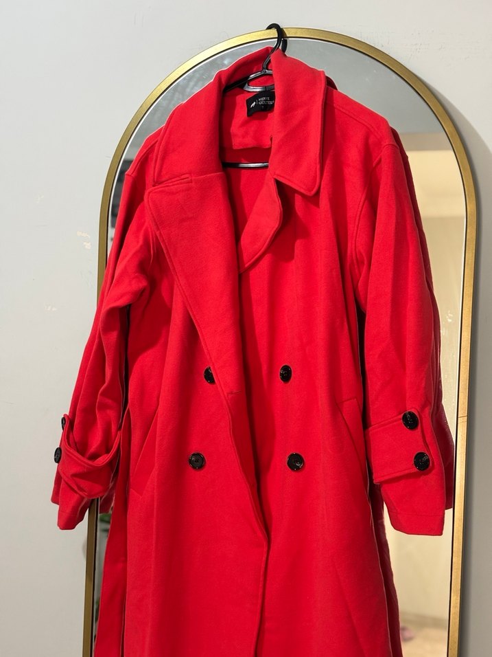 Kadın Nar Çiçeği Uzun Düğmeli Trençkot - Görsel 4