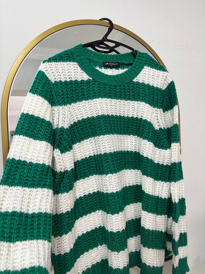 Yeşil-Beyaz Çizgili Örgü Kadın Kazak - Görsel 3