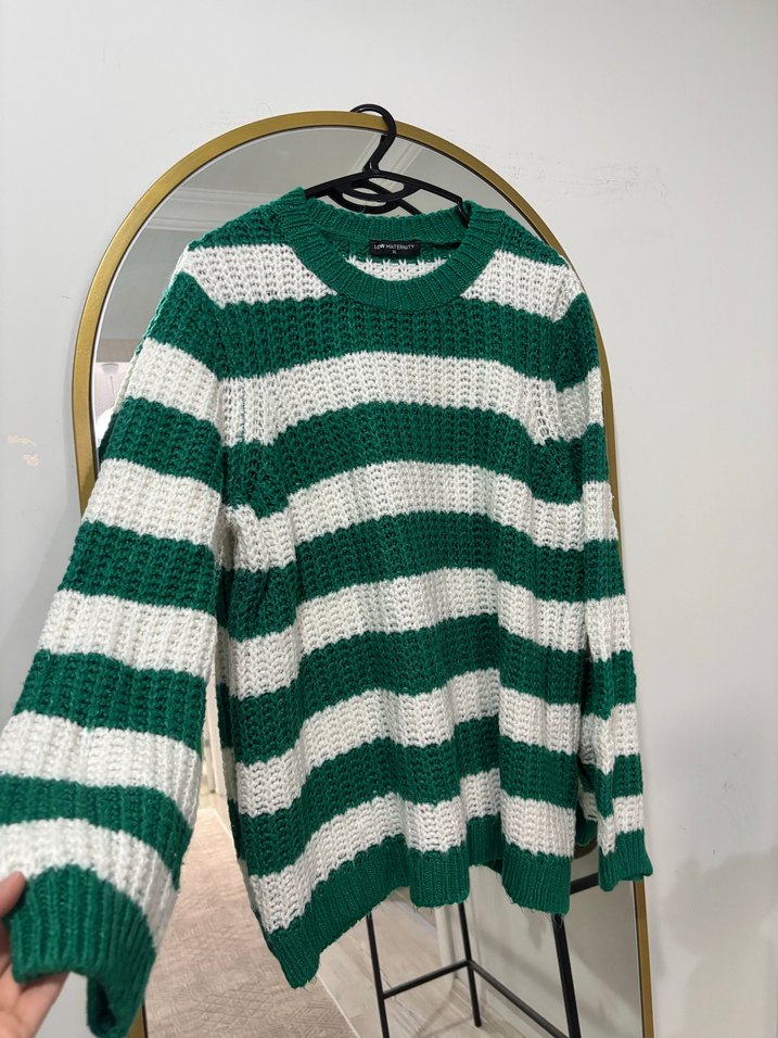 Yeşil-Beyaz Çizgili Örgü Kadın Kazak - Görsel 2