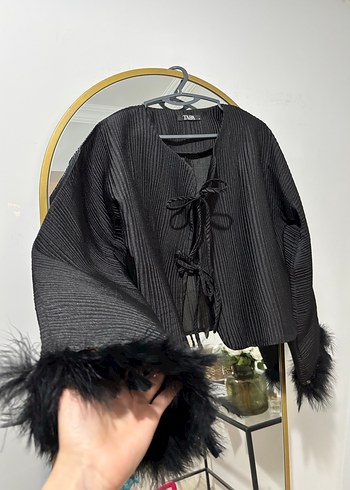 Kürk Detaylı Siyah Mini Kadın Ceket - Görsel 5