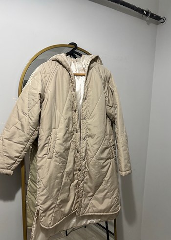 Bej Kapüşonlu Uzun Kadın Ceket - Görsel 4