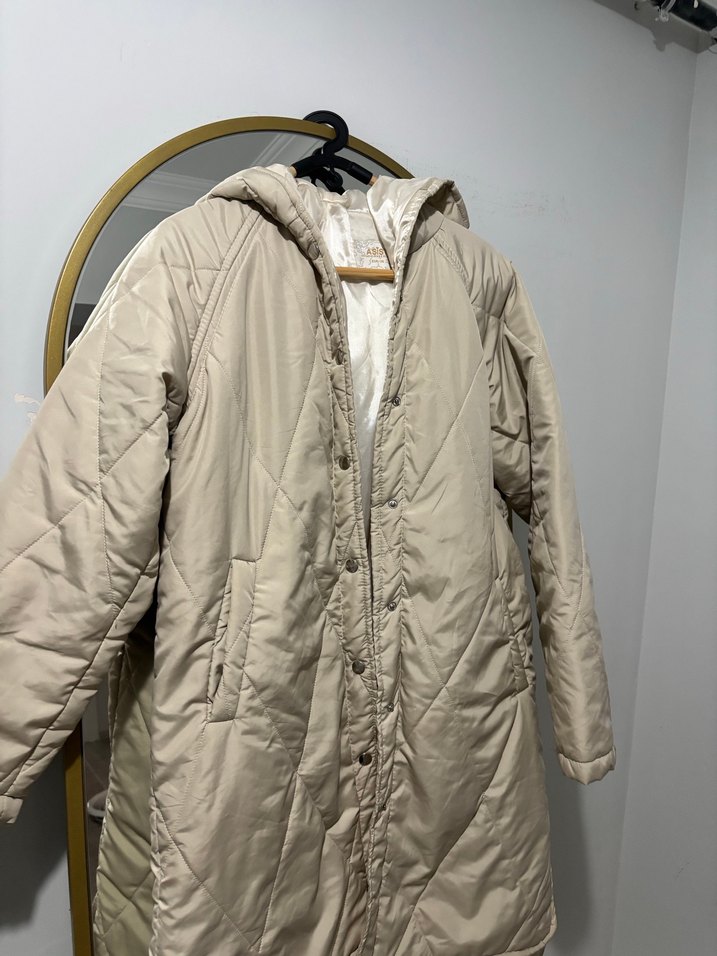 Bej Kapüşonlu Uzun Kadın Ceket - Görsel 5