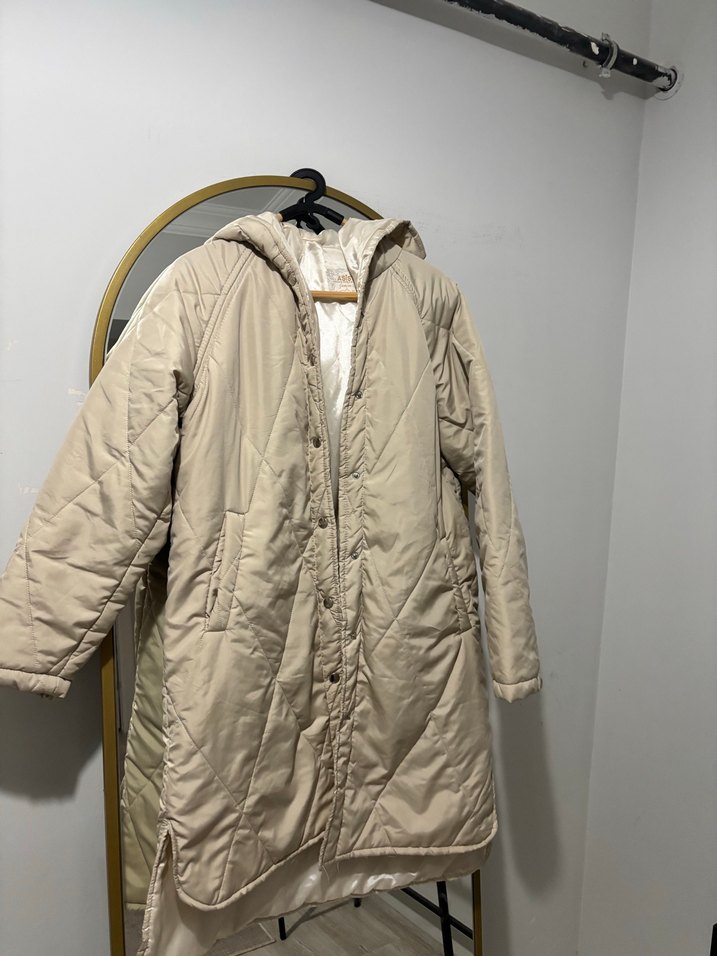 Bej Kapüşonlu Uzun Kadın Ceket - Görsel 4