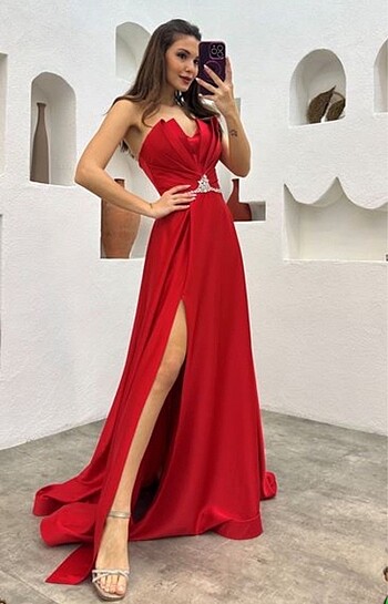 xl Beden kırmızı Renk Straprez abiye beli taşlı