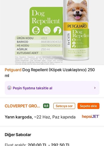  Beden Petguard Köpek Kovucu Sprey 250 ml