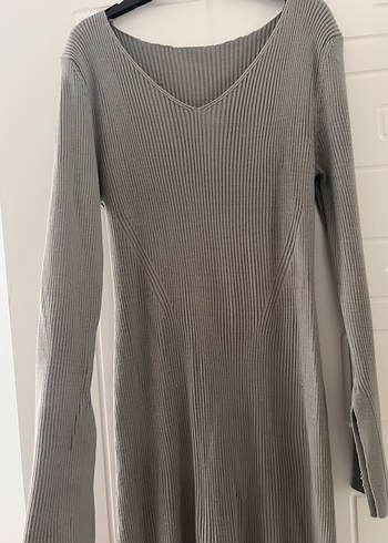 Gri Uzun Kollu Pilili Keten Elbise - Görsel 4