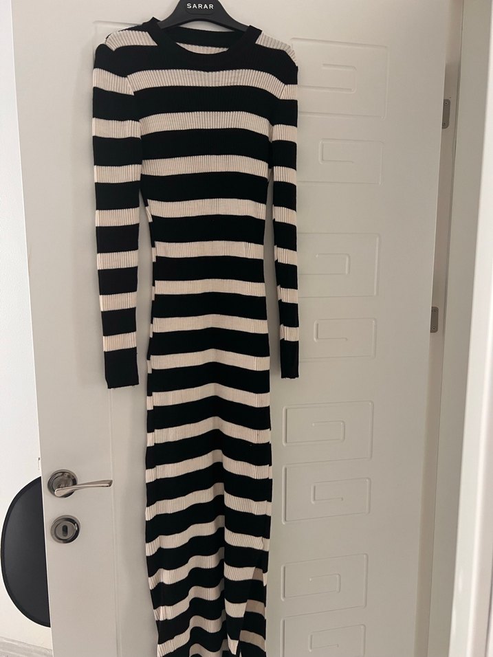 Uzun Kollu Çizgili Kadın Triko Elbise - Görsel 2