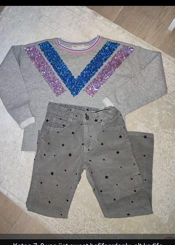 Koton kız Payetli ve Nakışlı Gri sweat ve kadife pantolon