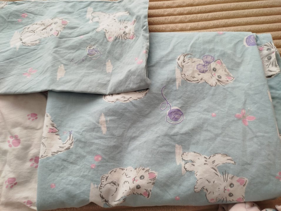 Mavi Pastel Kedi Desenli Keten Çocuk Uyku Seti - Görsel 4