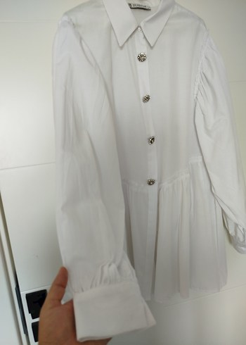 Düğmeli Beyaz Keten Midi Kadın Gömlek - Görsel 2