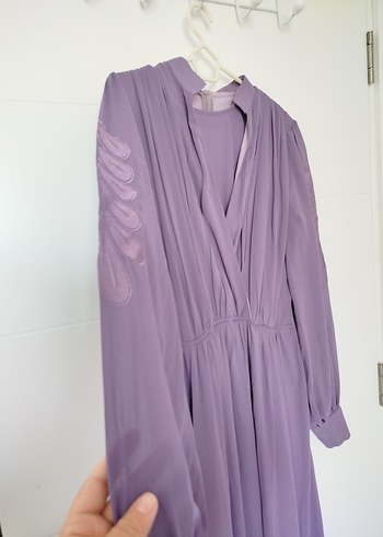 V Yaka Fermuarlı Mor Saten Hamile elbise - Görsel 3