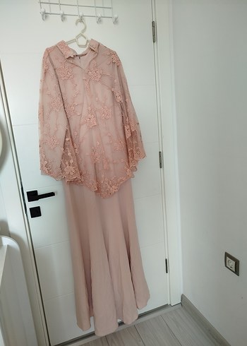 Bej Uzun Kollu Drapeli Kadın Abiye Elbise - Görsel 2