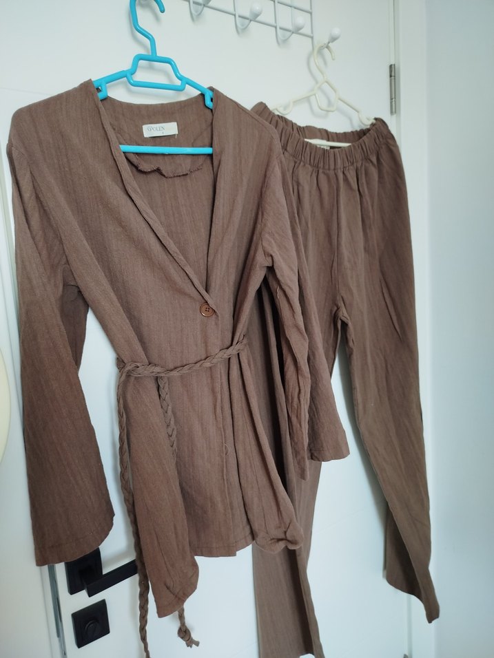 Kahverengi Uzun Kollu ikili keten takım - Görsel 3