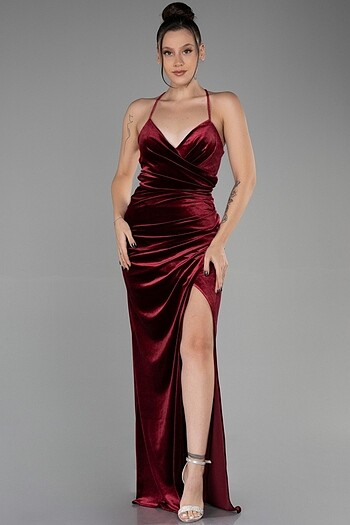 Bordo Kadife Gece Elbise Abiye
