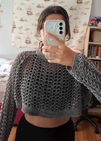Gri Örgü Kadın Crop Kazak