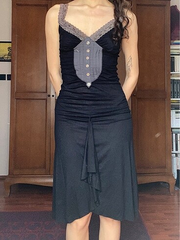 s Beden Miss Poem Vintage Lila Askılı Elbise Lolita Y2K Elbise
