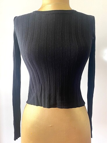 Fitilli Bisiklet Yaka Yarım Crop Bluz Triko
