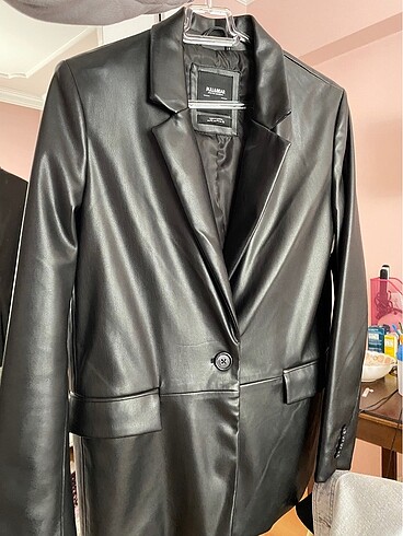 Pull and Bear Deri siyah blazer ceket