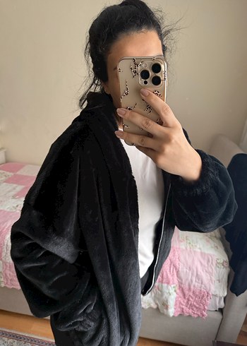 Siyah Peluş Kapüşonlu Kadın Ceket - Görsel 5