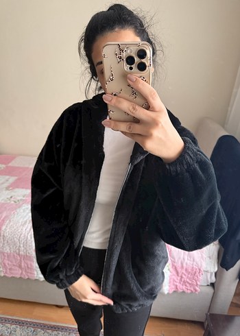 Siyah Peluş Kapüşonlu Kadın Ceket - Görsel 4