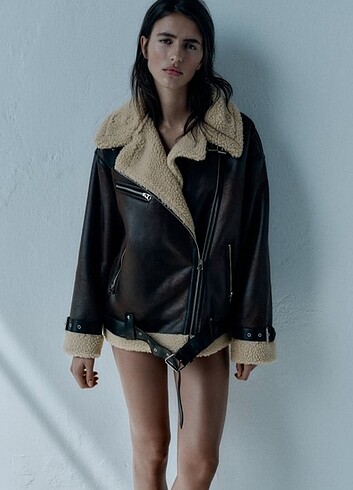 Zara marka M beden sıfır etiketli yünlü biker ceket
