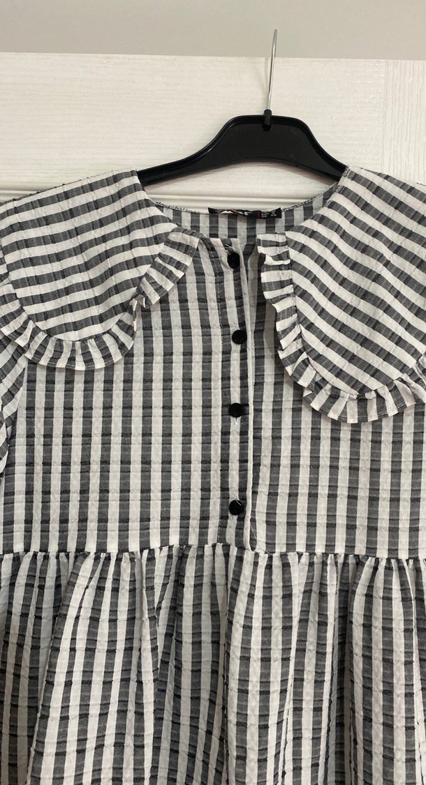 Gri Çizgili Pilili Midi Keten Tunik - Görsel 4