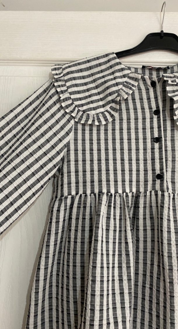 Gri Çizgili Pilili Midi Keten Tunik - Görsel 3