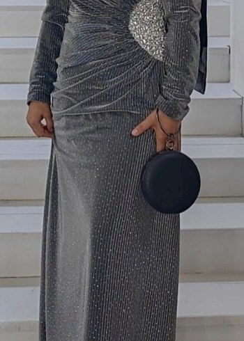 Gri Drapeli Uzun Abiye Elbise - Görsel 3