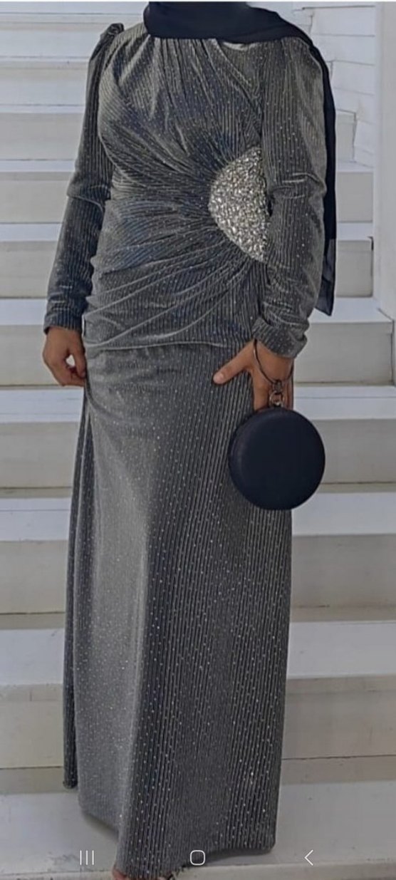 Gri Drapeli Uzun Abiye Elbise - Görsel 3