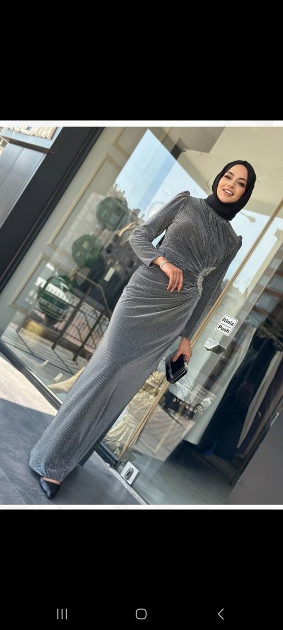 Gri Drapeli Uzun Abiye Elbise - Görsel 2