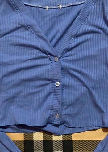 m Beden mavi Renk V Yaka Bluz Düğmeli Crop Top Bebek Mavisi