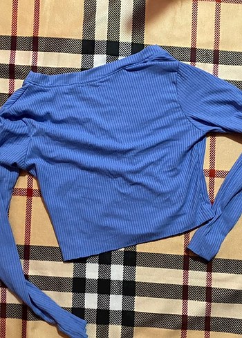 m Beden V Yaka Bluz Düğmeli Crop Top Bebek Mavisi