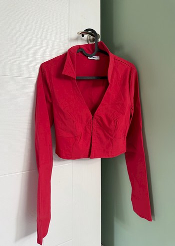 Kırmızı Mini Uzun Kollu Düğmeli Kadın Gömlek - Görsel 2