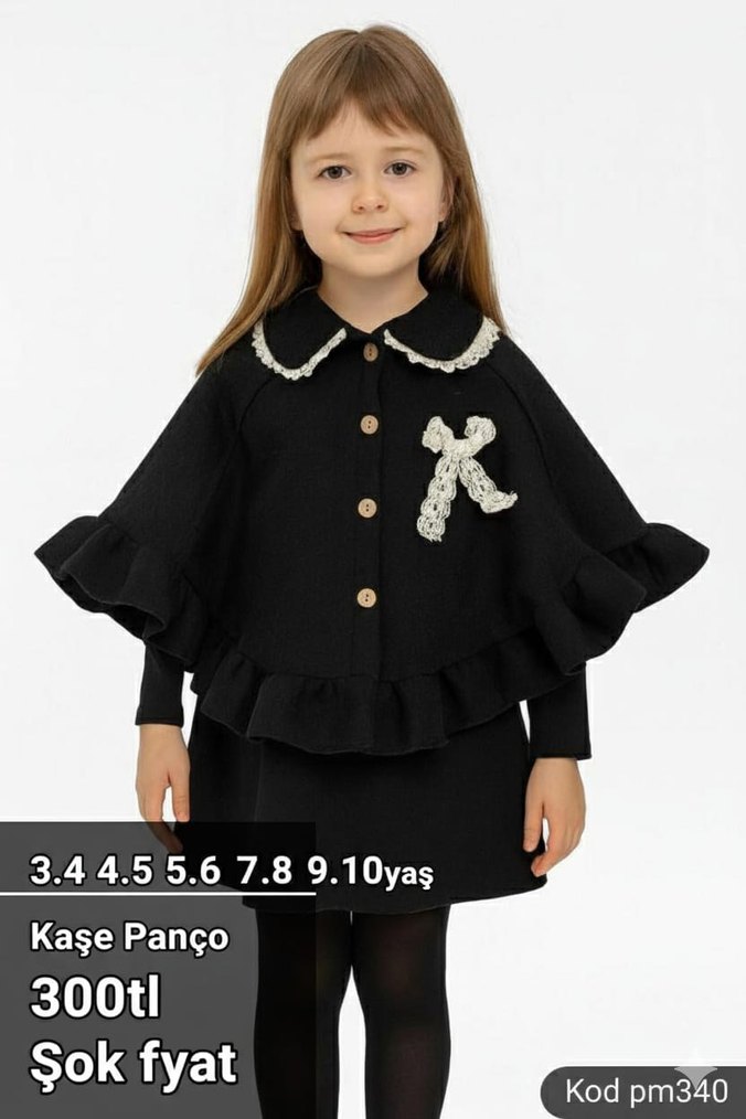 Kız Çocuk Gri Örgü Kaşe Panço - Görsel 2