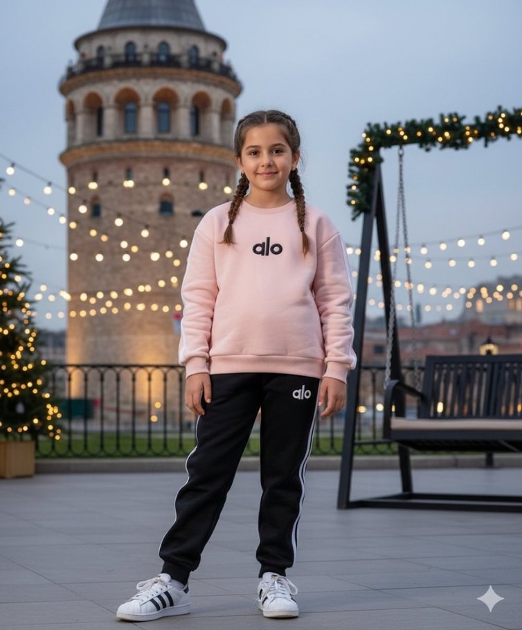 Renkli Baskılı Pembe Sweatshirt ve Siyah Eşofman - Görsel 2