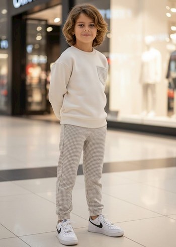 Kız Çocuk Gri Cepli Beyaz Sweatshirt ve Eşofman - Görsel 6