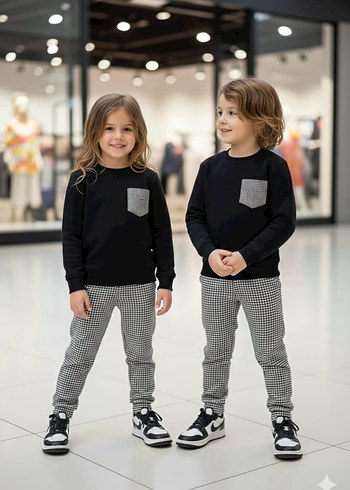 Kız Çocuk Gri Cepli Beyaz Sweatshirt ve Eşofman - Görsel 4