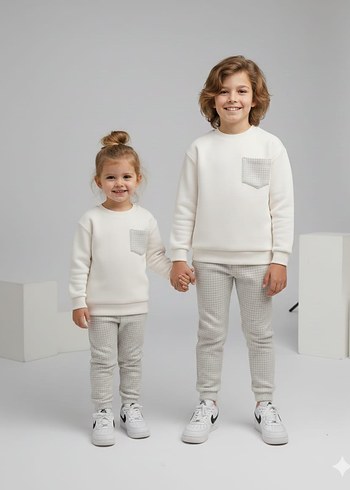 Kız Çocuk Gri Cepli Beyaz Sweatshirt ve Eşofman - Görsel 9