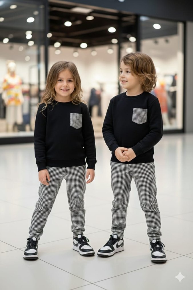 Kız Çocuk Gri Cepli Beyaz Sweatshirt ve Eşofman - Görsel 4