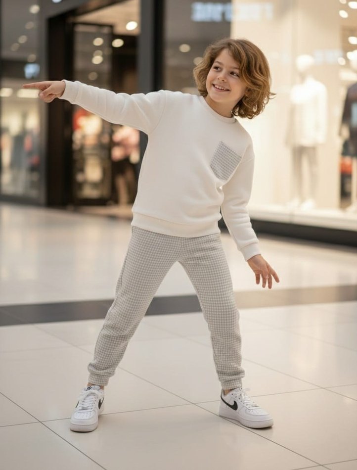 Kız Çocuk Gri Cepli Beyaz Sweatshirt ve Eşofman - Görsel 2