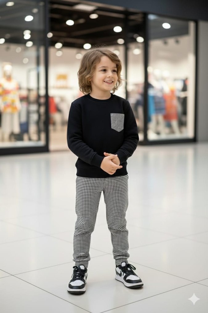 Kız Çocuk Gri Cepli Beyaz Sweatshirt ve Eşofman - Görsel 3