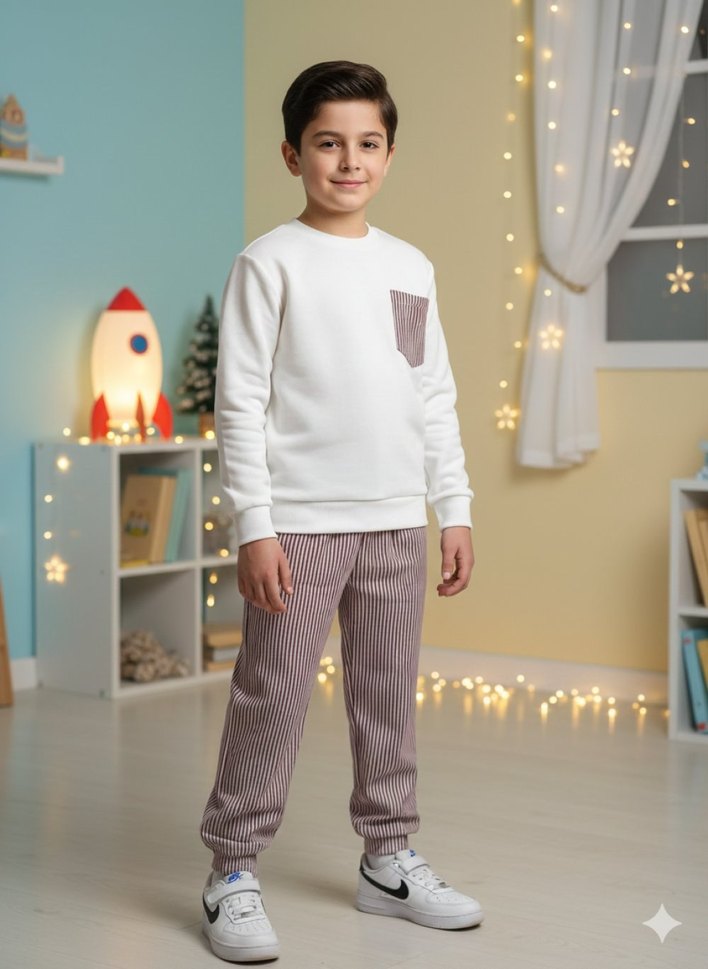 Leopar Desenli Beyaz Kız Sweatshirt ve Eşofman Takımı - Görsel 4