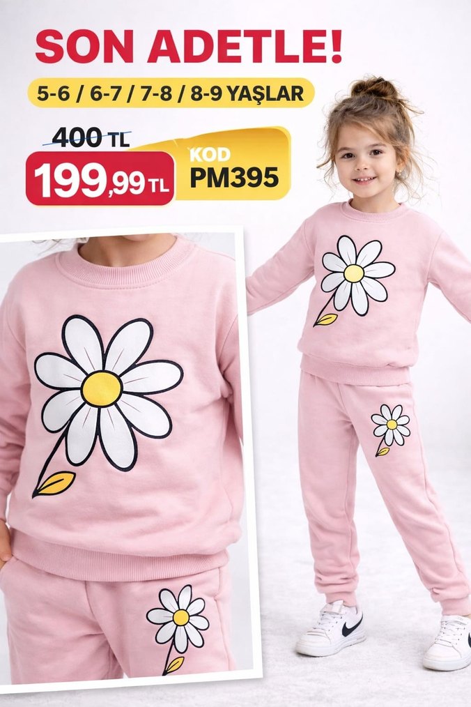 Kız Çocuk Kırmızı Çiçek Baskılı Eşofman Takımı - Görsel 4