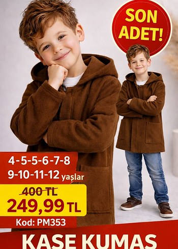 Gri Kapüşonlu Düğmeli Erkek Çocuk Kaşe Mont - Görsel 7